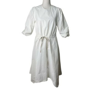 Udel NY Dress Size XS White Midi Puff Sleeves Drawstring Waist Nylon Cotton a17